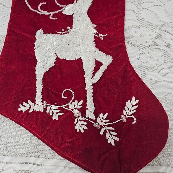 Red Velvet Christmas Stocking 18" handsewn ribbon reindeer lace beaded 2003 vtg - Picture 4 of 8